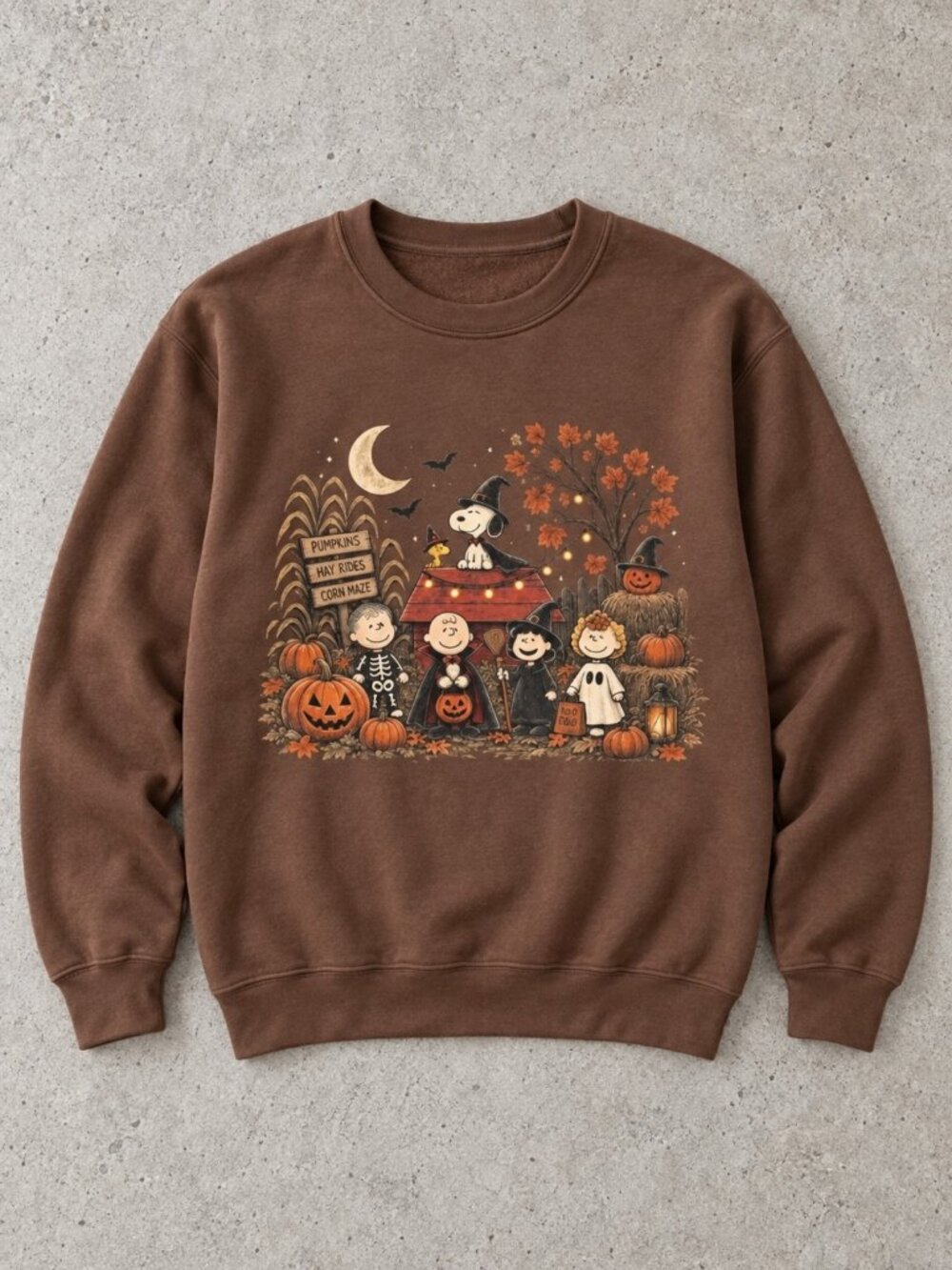 Snoopy Peanuts Halloween Brown Gildan Crewneck Sweatshirt